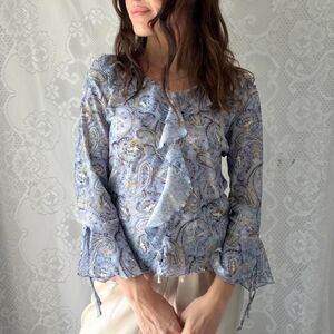 Y2K Maxwell Nelson Blue Paisley Ruffle Bell Sleeve Tie Front Top